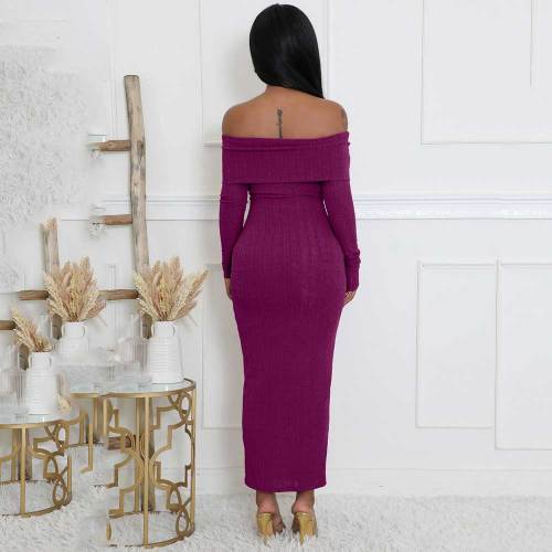 Off the Shoulder Long Sleeve Ribbed Dresses Elegant Party Bodycon Maxi Dress