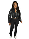 Casual Stitching Contrast Color Ribbed Zippered Flared Trouser Set