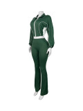 Casual Stitching Contrast Color Ribbed Zippered Flared Trouser Set