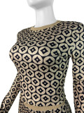 Sexy Copper Coin Print Long Sleeve Round Neck Shorts Two Piece Set