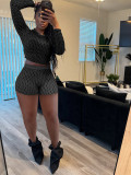 Sexy Copper Coin Print Long Sleeve Round Neck Shorts Two Piece Set