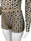 Sexy Copper Coin Print Long Sleeve Round Neck Shorts Two Piece Set