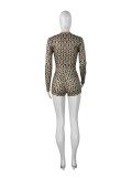 Sexy Copper Coin Print Long Sleeve Round Neck Shorts Two Piece Set