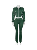 Casual Stitching Contrast Color Ribbed Zippered Flared Trouser Set