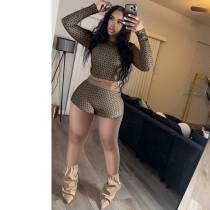 Sexy Copper Coin Print Long Sleeve Round Neck Shorts Two Piece Set