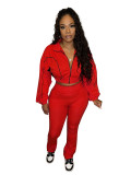 Casual Stitching Contrast Color Ribbed Zippered Flared Trouser Set