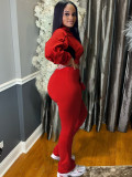 Casual Stitching Contrast Color Ribbed Zippered Flared Trouser Set