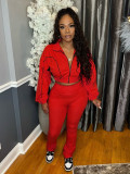 Casual Stitching Contrast Color Ribbed Zippered Flared Trouser Set