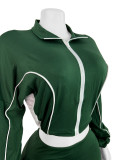 Casual Stitching Contrast Color Ribbed Zippered Flared Trouser Set