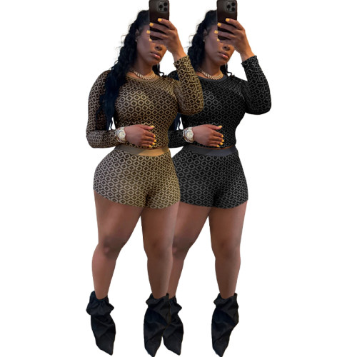 Sexy Copper Coin Print Long Sleeve Round Neck Shorts Two Piece Set