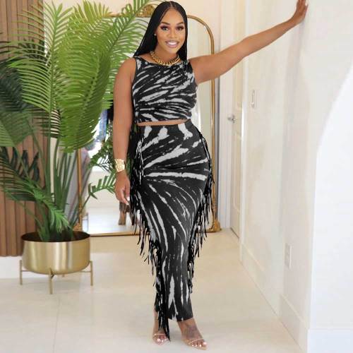 Sexy Sleeveless Women's Clothing Tassel Printed Two-piece Set