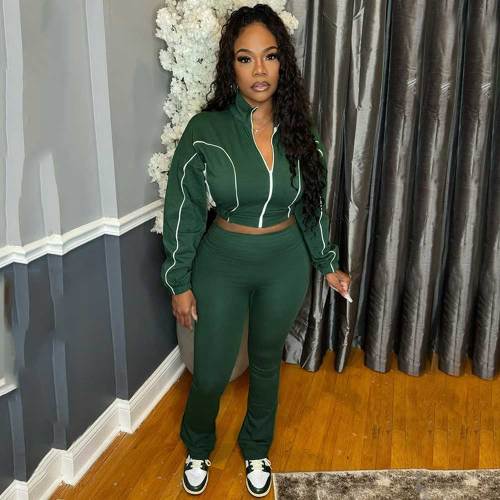 Casual Stitching Contrast Color Ribbed Zippered Flared Trouser Set