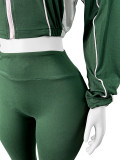 Casual Stitching Contrast Color Ribbed Zippered Flared Trouser Set