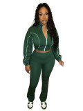 Casual Stitching Contrast Color Ribbed Zippered Flared Trouser Set