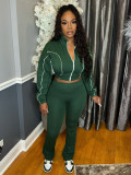 Casual Stitching Contrast Color Ribbed Zippered Flared Trouser Set