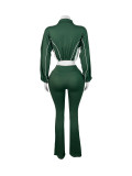 Casual Stitching Contrast Color Ribbed Zippered Flared Trouser Set