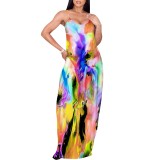 1 Custom Casual Digital Printing Straps Long Dress with Pocket