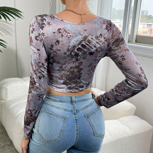 Sexy Square Neck Floral Long Sleeve Navel-Baring Printed Top