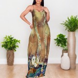 1 Custom Casual Digital Printing Straps Long Dress with Pocket
