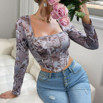Sexy Square Neck Floral Long Sleeve Navel-Baring Printed Top