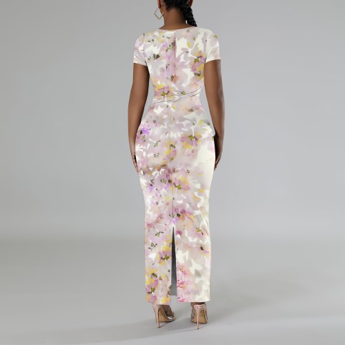 1 Custom Casual Digital Printing Short Sleeve U Neck Maxi Dress