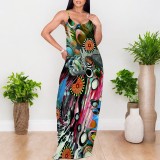 1 Custom Casual Digital Printing Straps Long Dress with Pocket