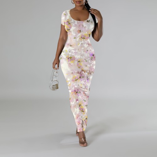 1 Custom Casual Digital Printing Short Sleeve U Neck Maxi Dress