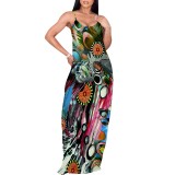 1 Custom Casual Digital Printing Straps Long Dress with Pocket