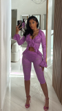Spring Solid Color Hollow Lace Long Sleeve Two-piece Set