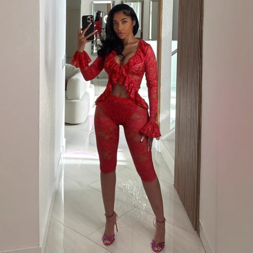 Spring Solid Color Hollow Lace Long Sleeve Two-piece Set