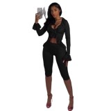 Spring Solid Color Hollow Lace Long Sleeve Two-piece Set