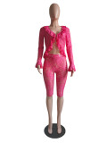 Spring Solid Color Hollow Lace Long Sleeve Two-piece Set