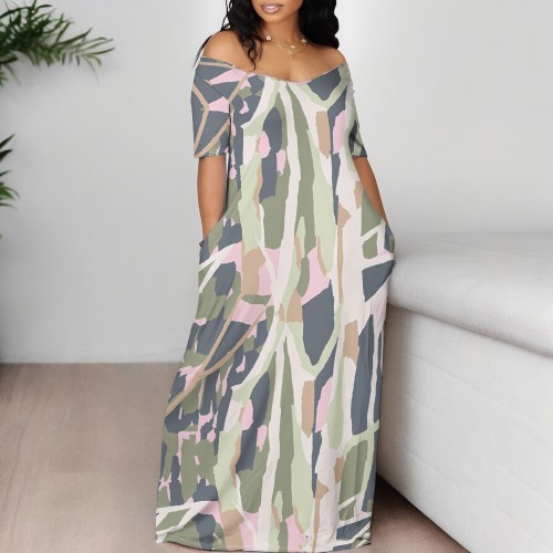 1 Custom Casual Digital Printing Off Shoulder Long Dress with Pocket