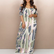 1 Custom Casual Digital Printing Off Shoulder Long Dress with Pocket