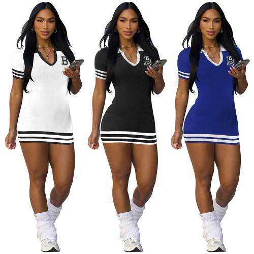 Fashion Lapel Short Sleeve Pit Embroidery Mini Dresses