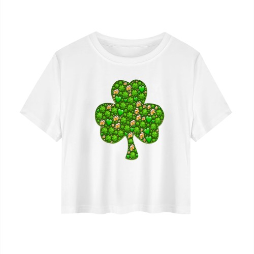 1 Custom Casual Digital Printing Four Leaf Clover Pattern Round Neck Crop Tee