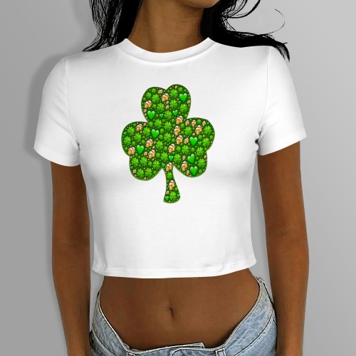 1 Custom Casual Digital Printing Four Leaf Clover Pattern Round Neck Crop Tee