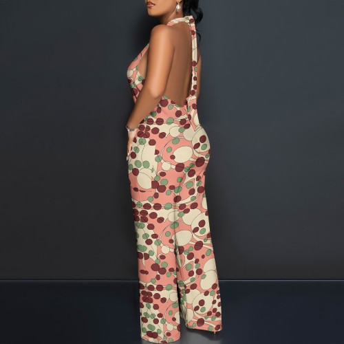 1 Custom Casual Digital Printing Halter Backless One Piece Jumpsuits with Pockets