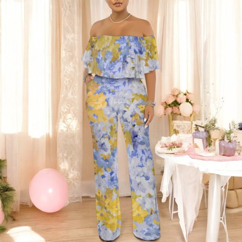1 Custom Casual Digital Printing Off Shoulder One Piece Jumpsuits with Pockets