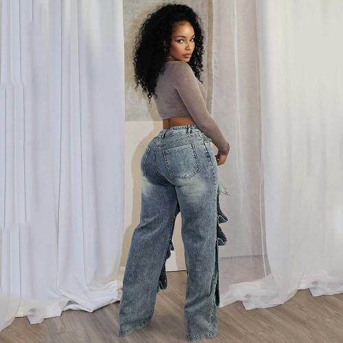 Women Button Cutout Straight Denim Jeans Pants Party Cargo Trousers