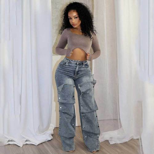 Women Button Cutout Straight Denim Jeans Pants Party Cargo Trousers