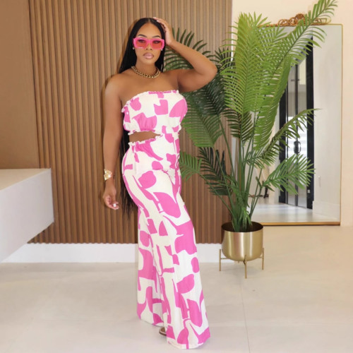 2025 New Elegant Tube Top Printed Waist-baring Wide-leg Jumpsuit