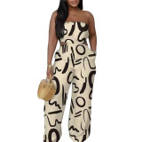 2025 New Elegant Tube Top Printed Waist-baring Wide-leg Jumpsuit