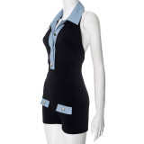 Black Denim Contrast Summer Women'S Jumpsuit Shorts Rompers