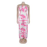 2025 New Elegant Tube Top Printed Waist-baring Wide-leg Jumpsuit