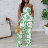 2025 New Elegant Tube Top Printed Waist-baring Wide-leg Jumpsuit