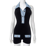 Black Denim Contrast Summer Women'S Jumpsuit Shorts Rompers