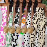 2025 New Elegant Tube Top Printed Waist-baring Wide-leg Jumpsuit