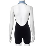 Black Denim Contrast Summer Women'S Jumpsuit Shorts Rompers