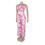 2025 New Elegant Tube Top Printed Waist-baring Wide-leg Jumpsuit